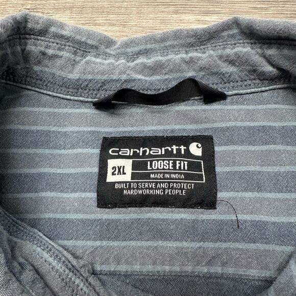 Carhartt Blue Striped Men 2XL Loose Short Sleeve Button Down Chambray Work Shirt - Picture 4 of 10